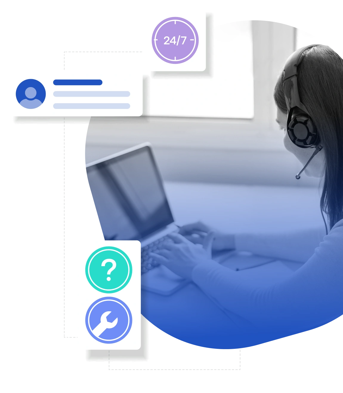 Customer support agent using a headset while assisting users on a laptop, with icons representing 24/7 service and help tools