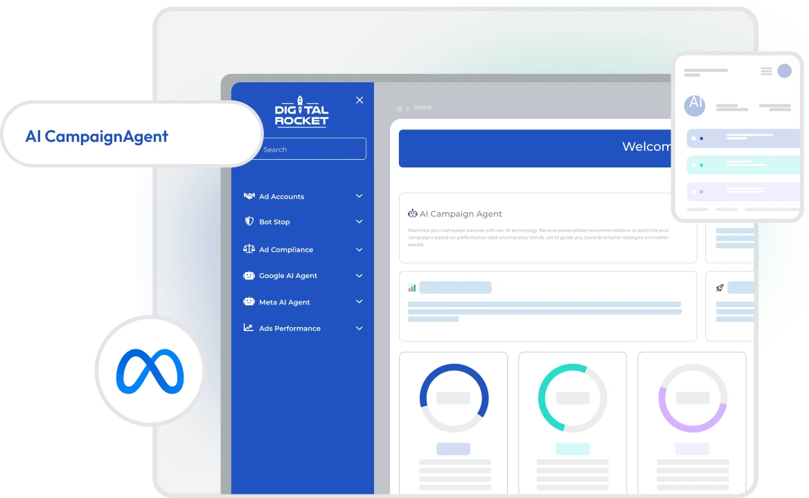 Digital advertising dashboard interface with menus, data visualizations, and branding icon