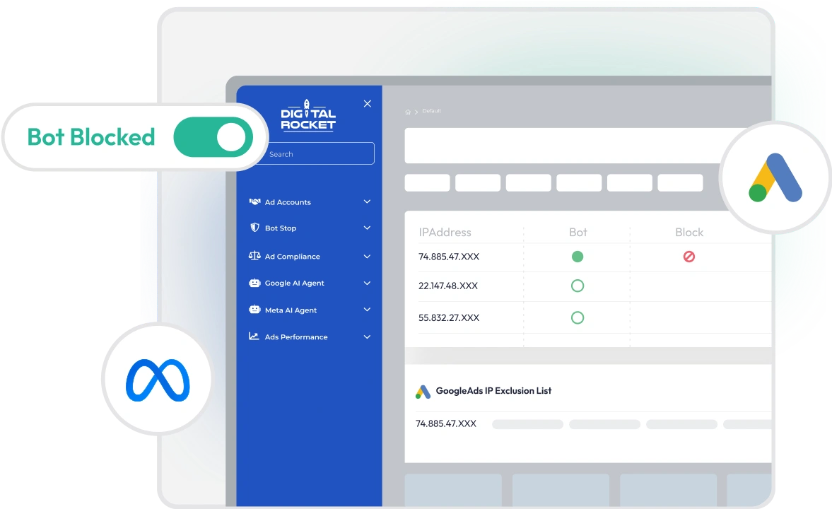 Teal computer interface for IP management and bot blocking with toggle switch and logos