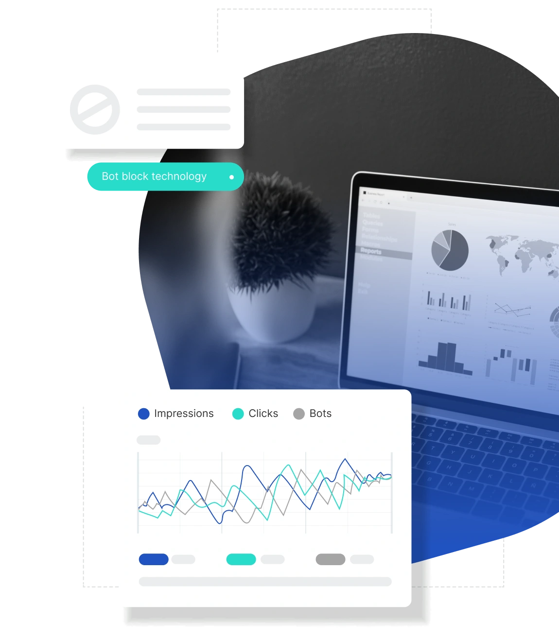 Analytics dashboard showing impressions, clicks, and bot activity with bot block technology overlay